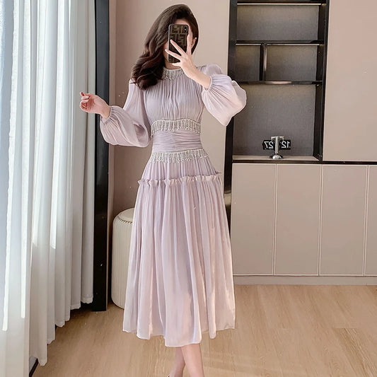 French Women Designer Fashion Organza Stand Collar Party Dress Luxury Spring