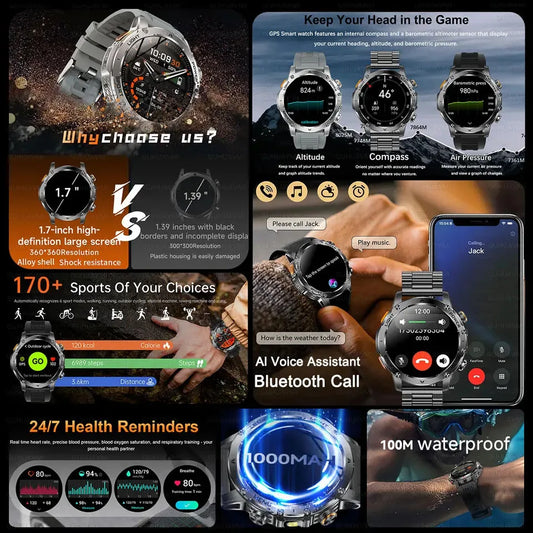 2025 T-REX3 1000mAh Large Battery Durable Adult Smart Watch GPS Strong Flashlight 10ATM Waterproof BT Call Sports Smartwatch Men