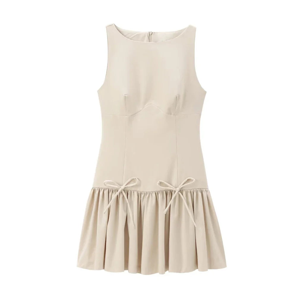 Women's Ruffled Mini Dress with Bows, O Neck, Sleeveless, Back Zipper, Female Dresses, Chic Fashion