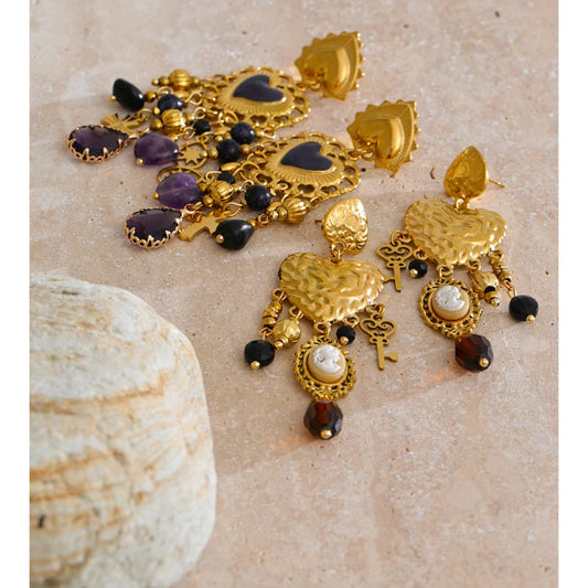 Yhpup Vintage Stainless Steel Heart Cross Key Charm Pendant Drop Earrings Golden Plated Crystal Resin Stone Waterproof Jewelry