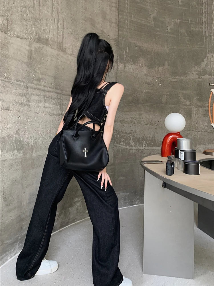 Acubi Fashion Two-Piece Top Pants Set Women Y2k Black Jeans