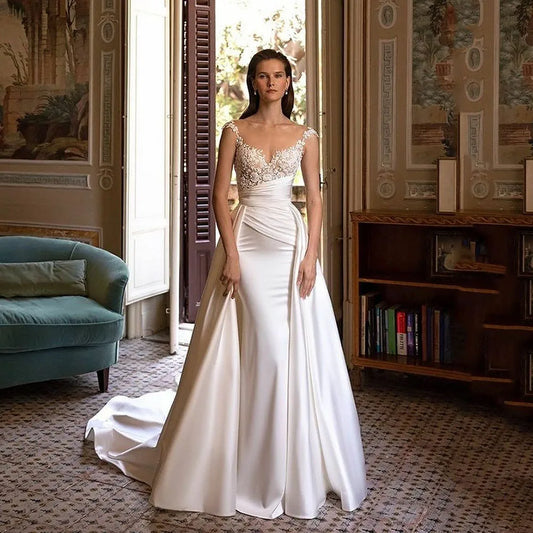 White Bridesmaid Dresses: Wedding Dress OverSkirt Cap Sleeves Elegant Lace