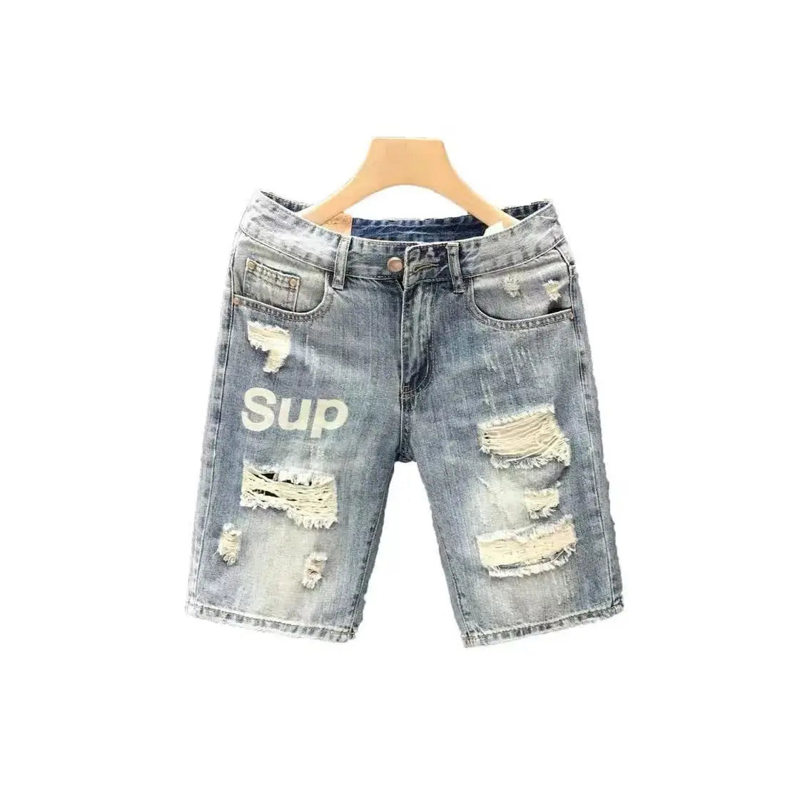 Men's Blue Casual Solid Denim Jean Shorts with Ripped Holes Wash Designer