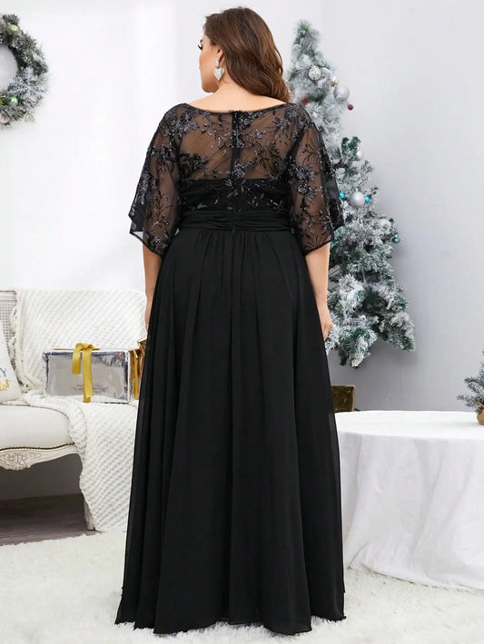 Mgiacy plus sizeV-neck sequin embroidered See-through large trumpet sleeve patchwork