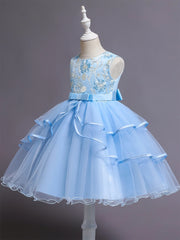 Blue girl's floral embroidery dress sleeveless slim princess birthday party dress piano performance Wear