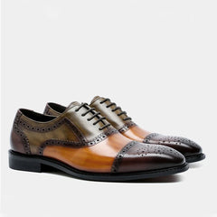 Color Block Genuine Leather Mens Formal Oxford Shoes Cap Toe Lace Up