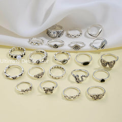 21pcs Set Punk Style Butterfly Heart Stainless Steel Ring and Tai Chi Design
