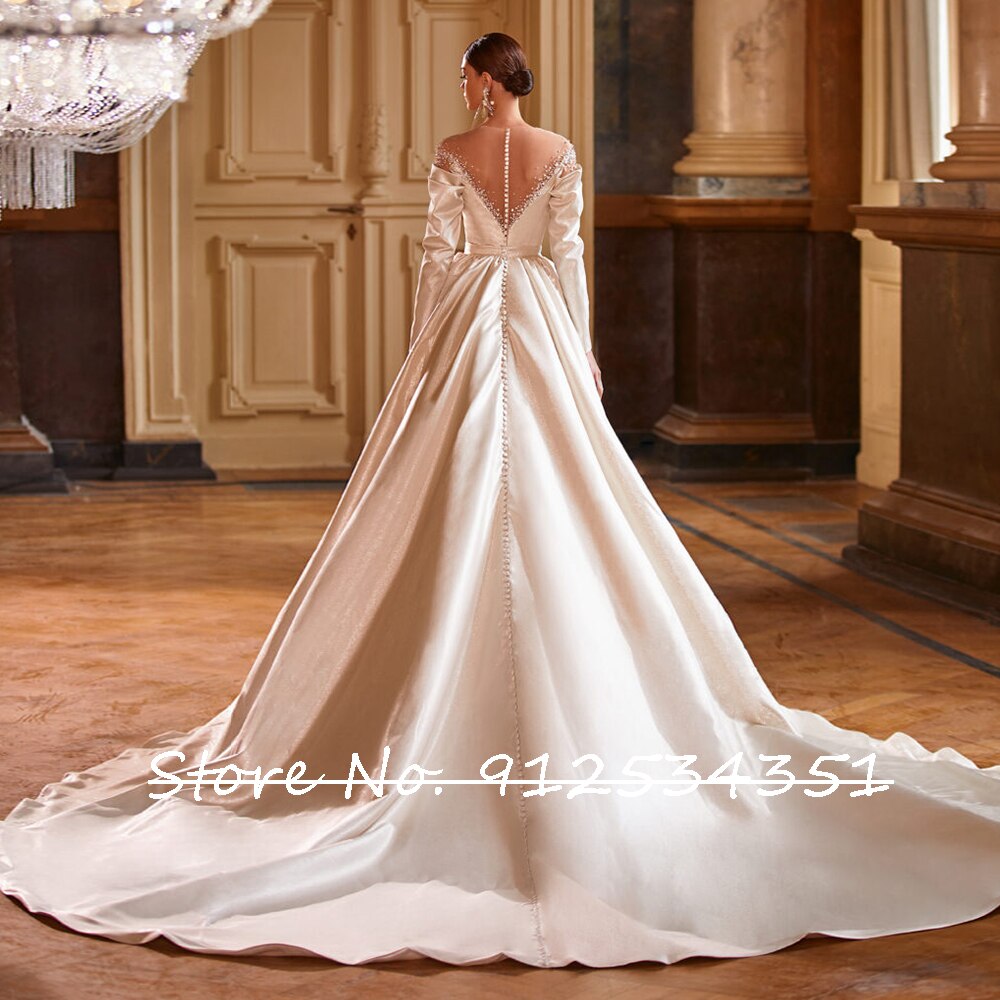 White Bridesmaid Dresses: Long Sleeve Satin Wedding Dress Beading Pearls Back