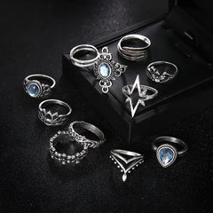 Geometry Retro Rings for Women Boho Inlaid Zircon Carved Starry 11/Pcs Rings