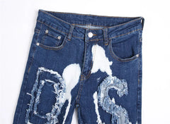 Men's Perforated Jeans 3D Inner Embroidery Zipper Bleached Slim Fit Pantyhose