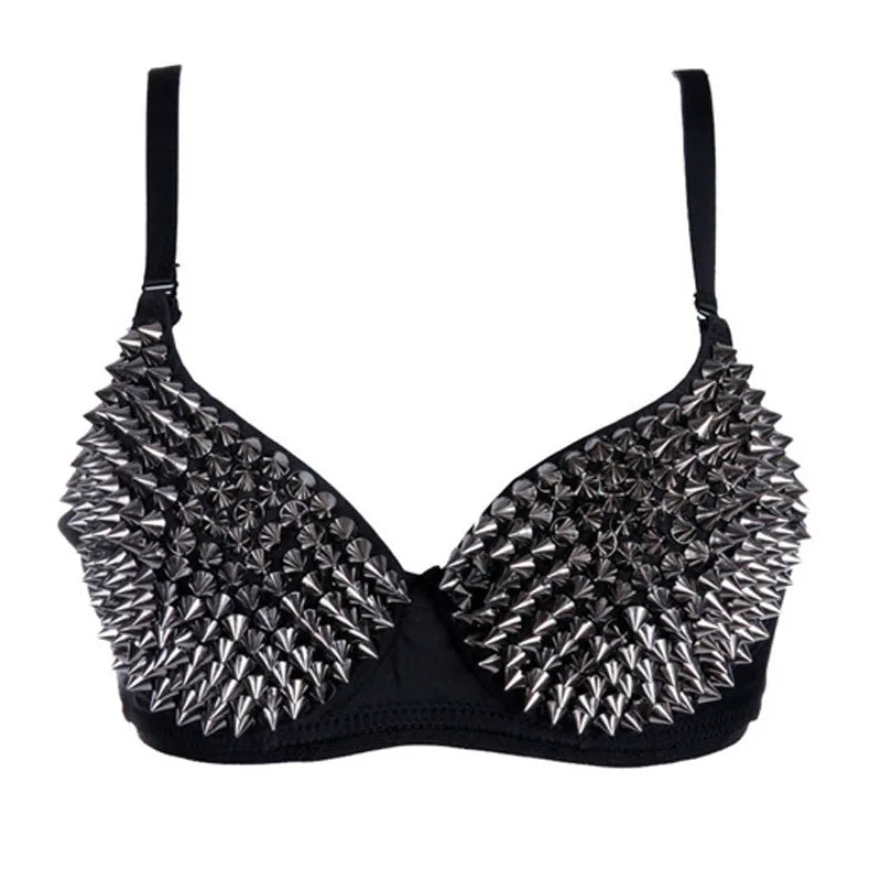 Silver Rivets Punk Rave Bralette Lingerie Gothic Bra Top Push Up Brassiere