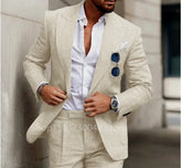 Elegant Beige Linen Men Suit Smart Casual Single Breasted Slim Fit Blazer