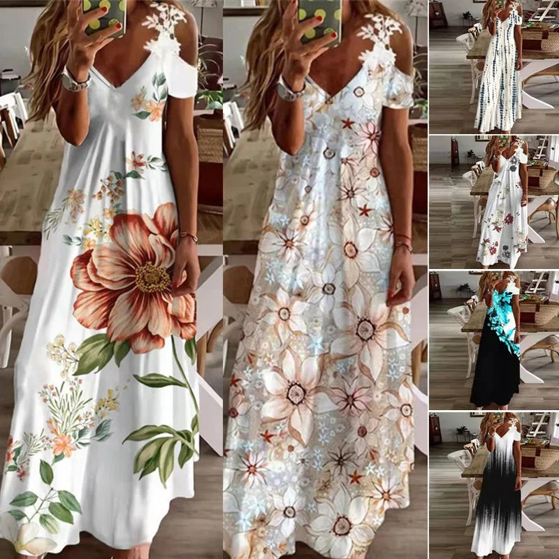 Plus Size Women Dress Summer Floral Print Lace Hollow Out Long Dresses Casual