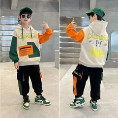 Boys Tracksuit Sets Children Patchwork Letter Sweatshirts+Pants 2Pcs Outfits Teenager Autumn Fashion Hooded Suits Spring Clothes