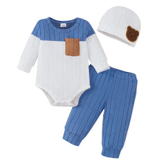 3PCS Newborn Baby Boy Clothes Set Long Sleeved Color Blocked Bodysuit+Gray Pants+Hat Autumn Clothing for Toddlers 1-18 Months