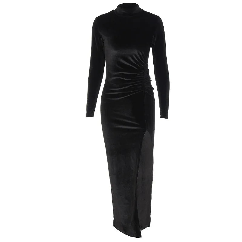 Evening wear Dresses: Women Dress Evening Prom Solid Velvet Long Sleeve Ruched