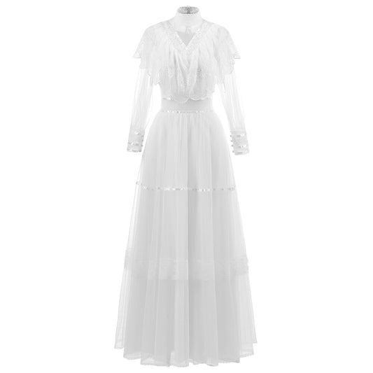 White Bridesmaid Dresses: High Neck Tulle Wedding Dress Vintage Long Sleeve Lace