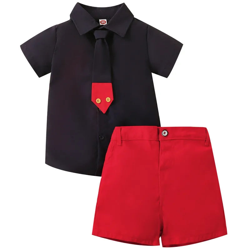 2 Pieces Kids Suit Set, Summer Contrast Color Lapel Short Sleeve Shirt with Necktie+ Short Pants for Boys, 1-8 Years