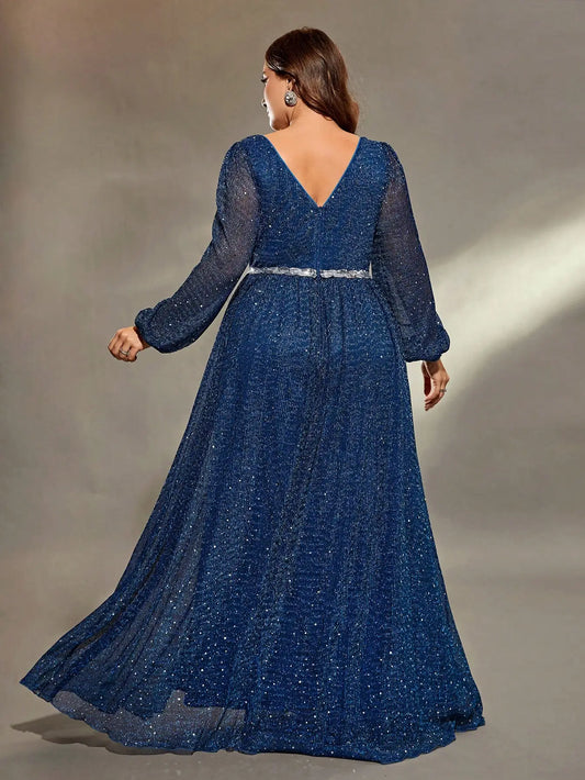 Mgiacy plus size V-neck lantern Long sleeve chest pleats waist sequin