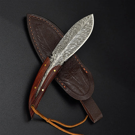 Multi-purpose Feather Pattern Knife With Scabbard Stainless Steel Meat Knife