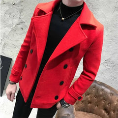 Fashion Men Double-Breasted Windbreaker Solid Color Slim Short Woolen Coat