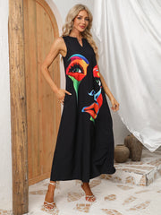 Formal attire Dresses: Women's Dress Black Sleeveless Loose Face Print Elegant