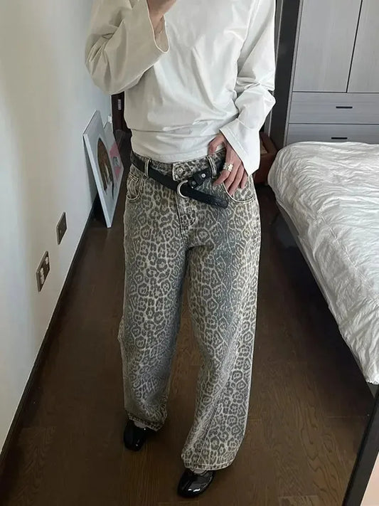 Leopard Print Jeans Woman Y2k Retro Street American Wide Leg Korean Style Jeans