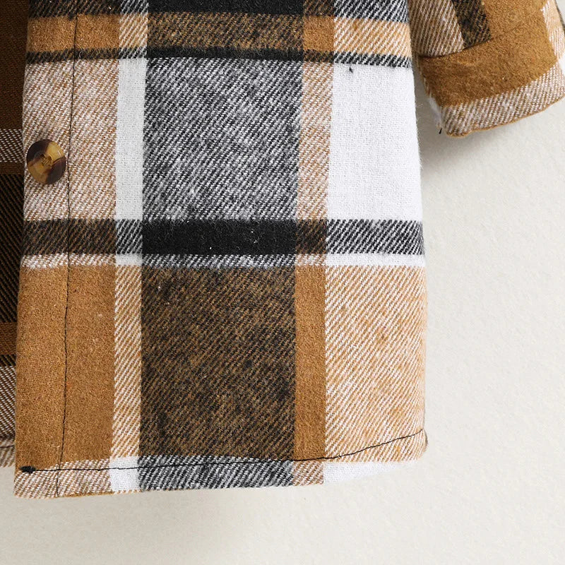 Coats 4-7 Years Brown Plaid Long-Sleeved Coat For Little Girls Preppy Style England Style Retro Coat