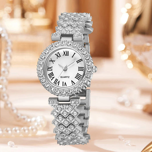 2-piece Ladies' Roman Scale Full Diamond Quartz Watch Heart Bracelet Accessory Set Suitable For Daily Wear