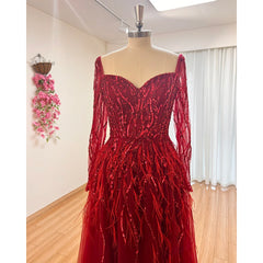 Homecoming Dresses: Elegant Burgundy Feather Evening Night Dress for Women