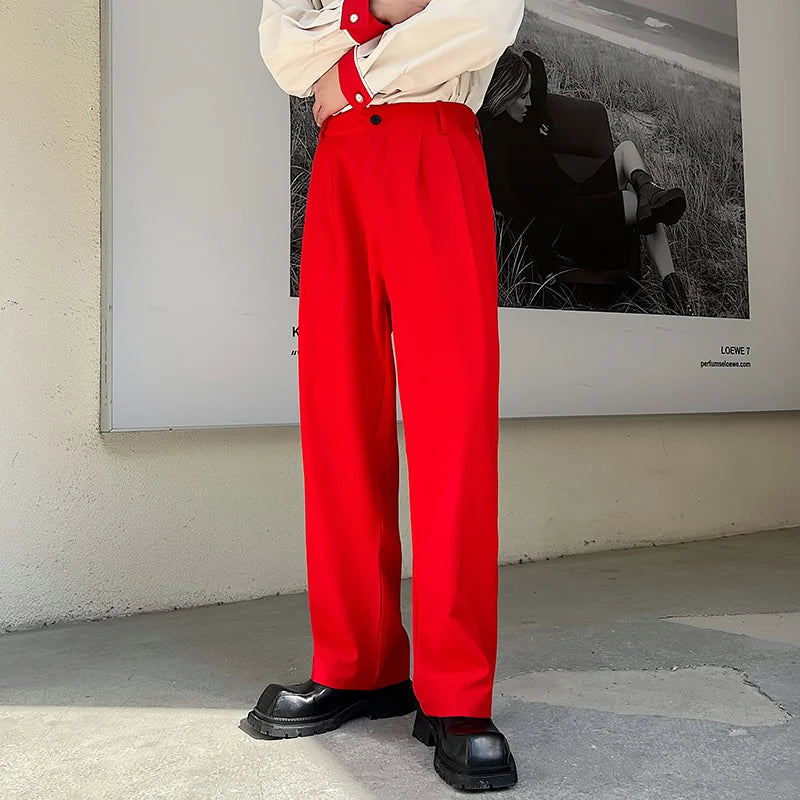 Red Suit Pants Men Fashion Social Mens Dress Pants Korean Loose Straight Wide Leg