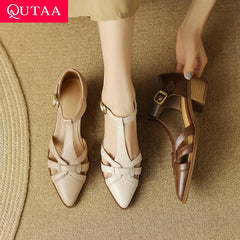Genuine Leather Women Sandals T-Strap Pumps Office Ladies Party