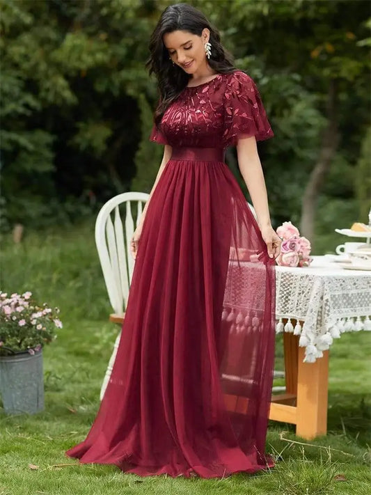 Homecoming Dresses: Women's Burgundy A-Line Sequin Mesh Leaf Maxi Prom Dress