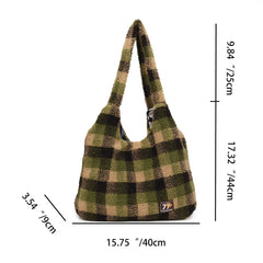 Women Lamb Wool Fluffy Handbag Large Capacity Plush Shoulder Bag Plaid