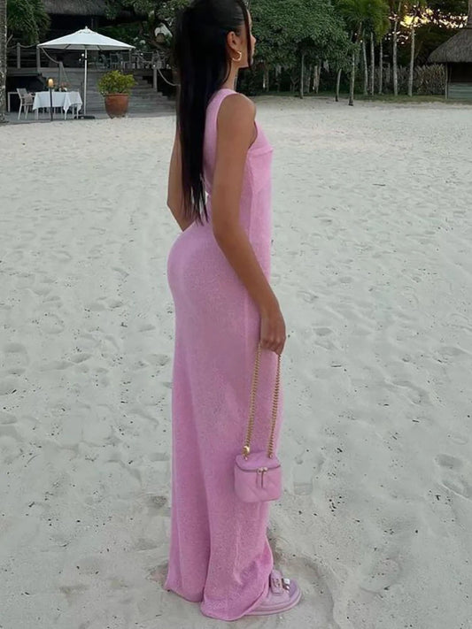 Knitted See Through Ruched Women Maxi Dress Sleeveless Round Neck Dress