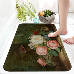 Retro floral oil painting printed area rug non-slip absorbent bathroom toilet entrance