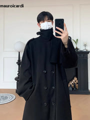 Autumn Winter Long Oversized Windproof Black Warm Woolen Coat Men