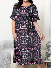 Plus size dress, knee length dress, cartoon style for home and casual wear
