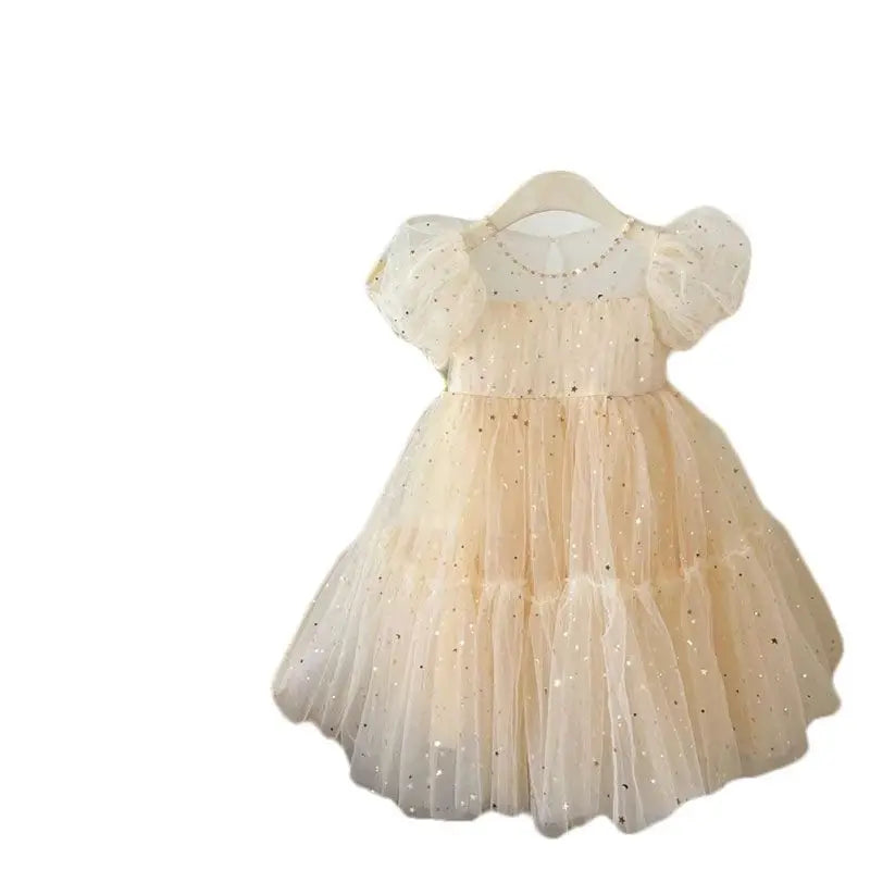 Dresses Girls' Elegant Dress Girl Baby Bubble Sleeve Mesh Sequin Dress