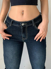Y2K High Street Low Rise Jeans Blue Women Pants Bootcut Pockets Jeans