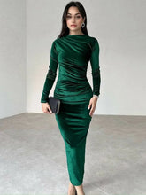 Formal attire Dresses: Women O-neck Folds High Waist Mid-calf Velvet Dress