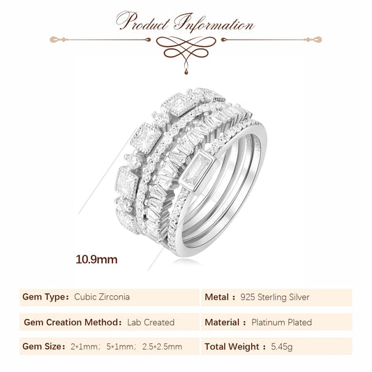 4 Pcs 925 Sterling Silver Wedding Band Solitaire Eternity Stacking Rings for Women