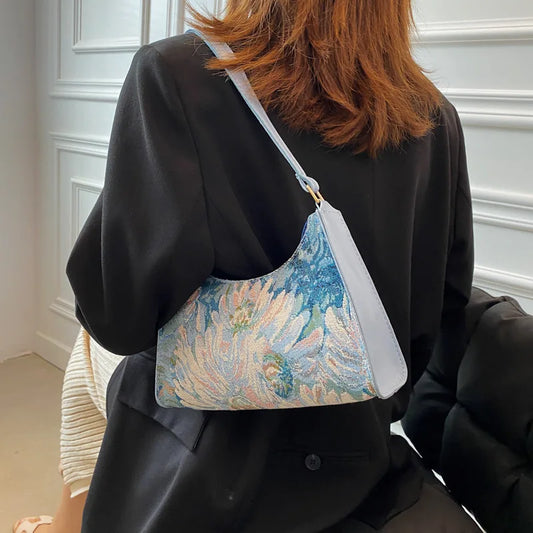Fashion Vintage Women Oil Painting Design Shoulder Bags Ladies Simple Flower