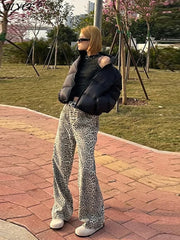 Leopard Wide Leg Jeans Pants Women Y2k 2024 Spring Summer Loose Hip-hop Trousers