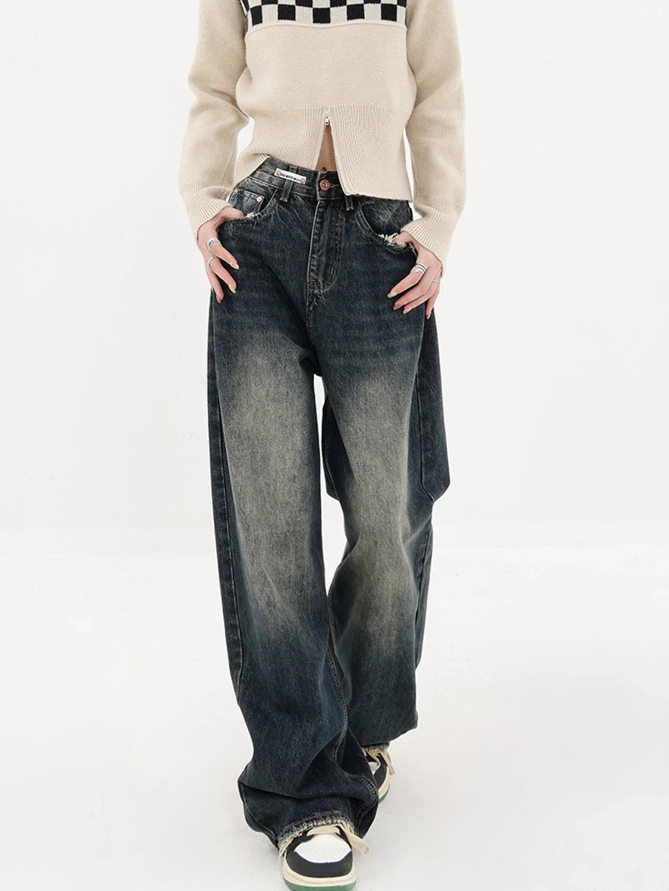 Korean Y2k Retro Wide Leg High Waist Straight Pants Streetwear Style Blue Jeans
