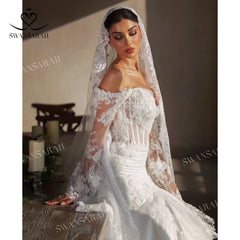 White Bridesmaid Dresses: Long Sleeve Wedding Dress Appliques Beaded Mermaid