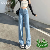 Summer Lyocell Jeans Women Blue Black High Waisted Straight Wide Leg Denim
