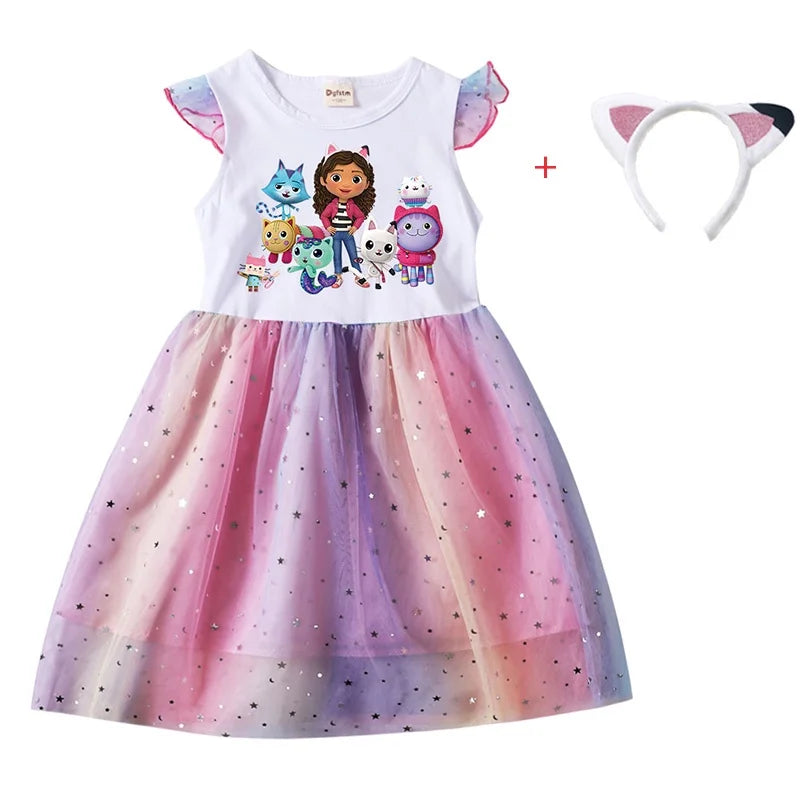 2PCS Baby Girl Princess Dresses + Headband Cartoon Gabby Cats for Kids Clothes