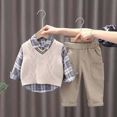 New Spring Autumn Baby Boys Clothes Suit Children Casual Plaid Shirt Vest Pants 3Pcs/Sets Toddler Cotton Costume Kids Tracksuits