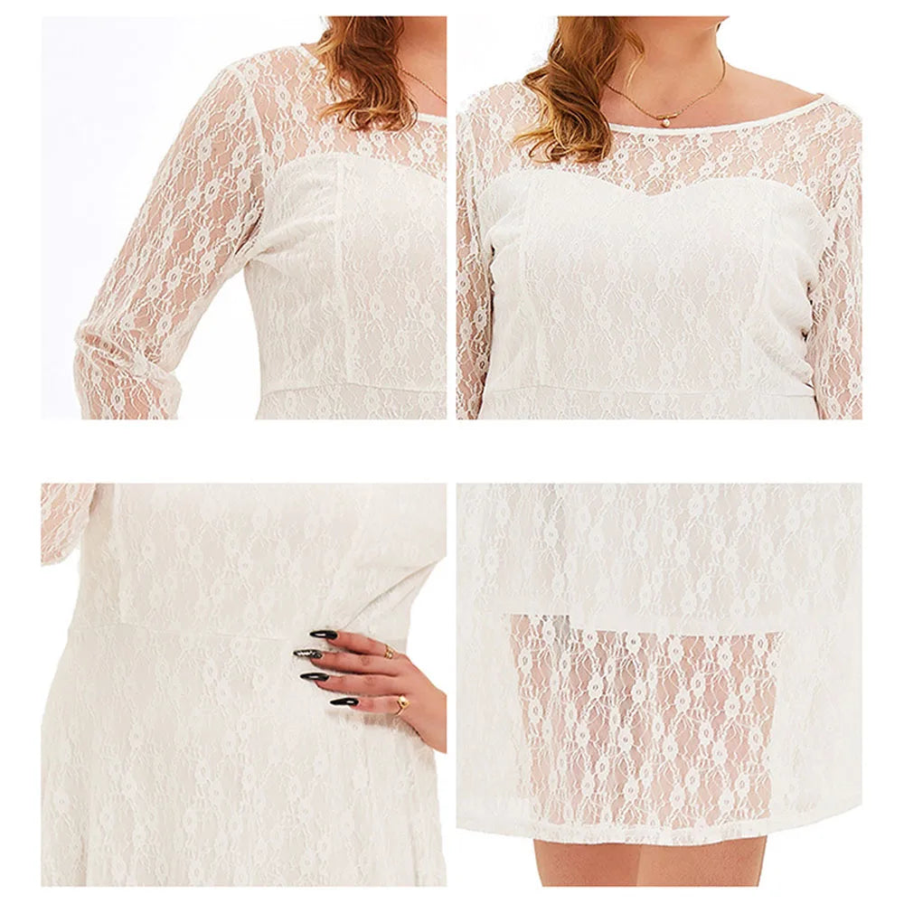 White Plus Size Dresses For Women Elegant Formal Lace Half Sleeve Midi